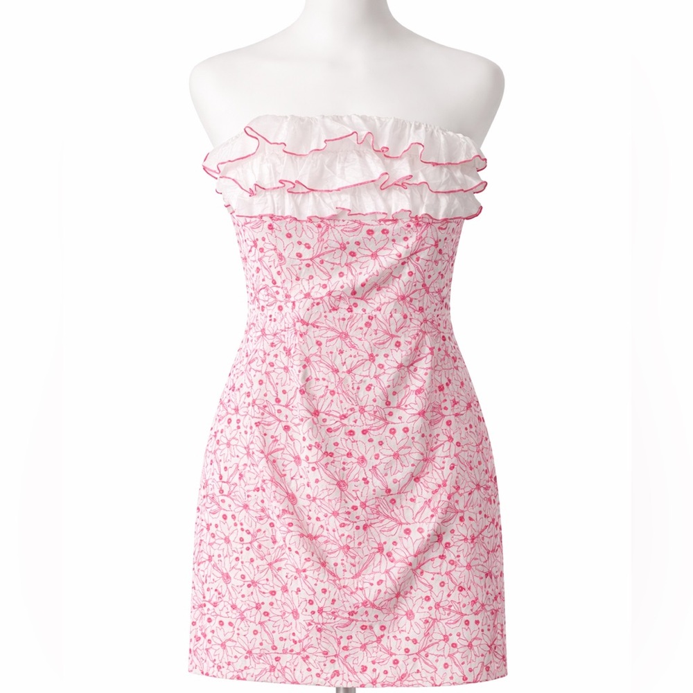 Lilly Pulitzer Strapless White Pink Floral Dress | Ruffle | Size 4 (Fits XS 0–2)